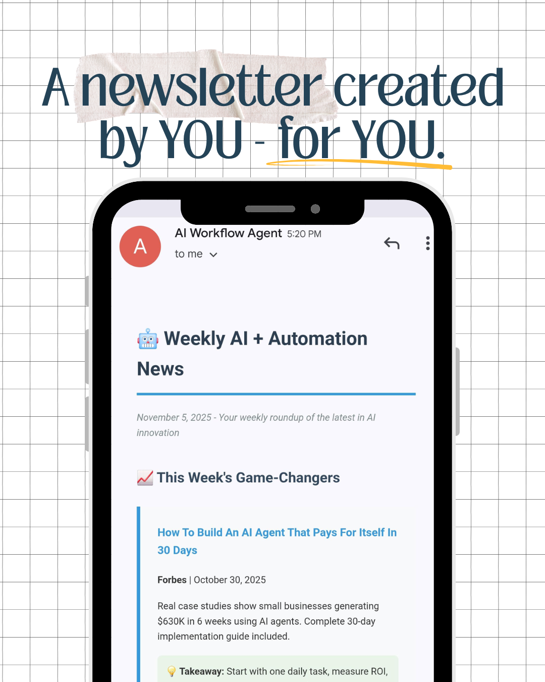 Graphic of a smartphone displaying a weekly AI + automation newsletter email with the headline 'A newsletter created by YOU – for YOU' on a grid background.